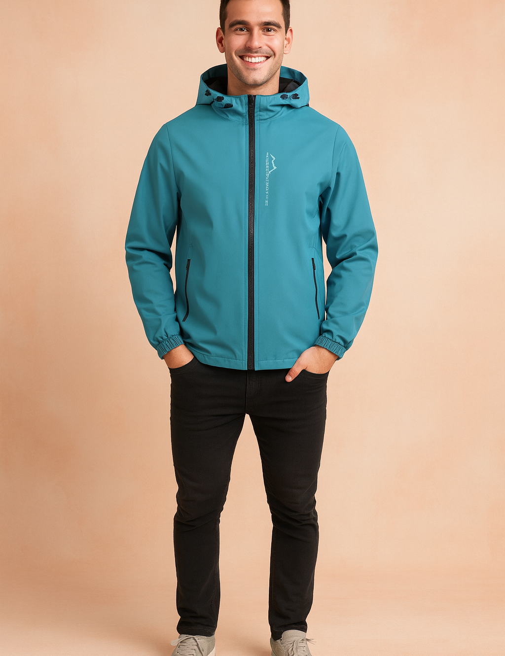 Teal softshell jacket with hood, front zipper, and side pockets, styled with black jeans and light grey sneakers.