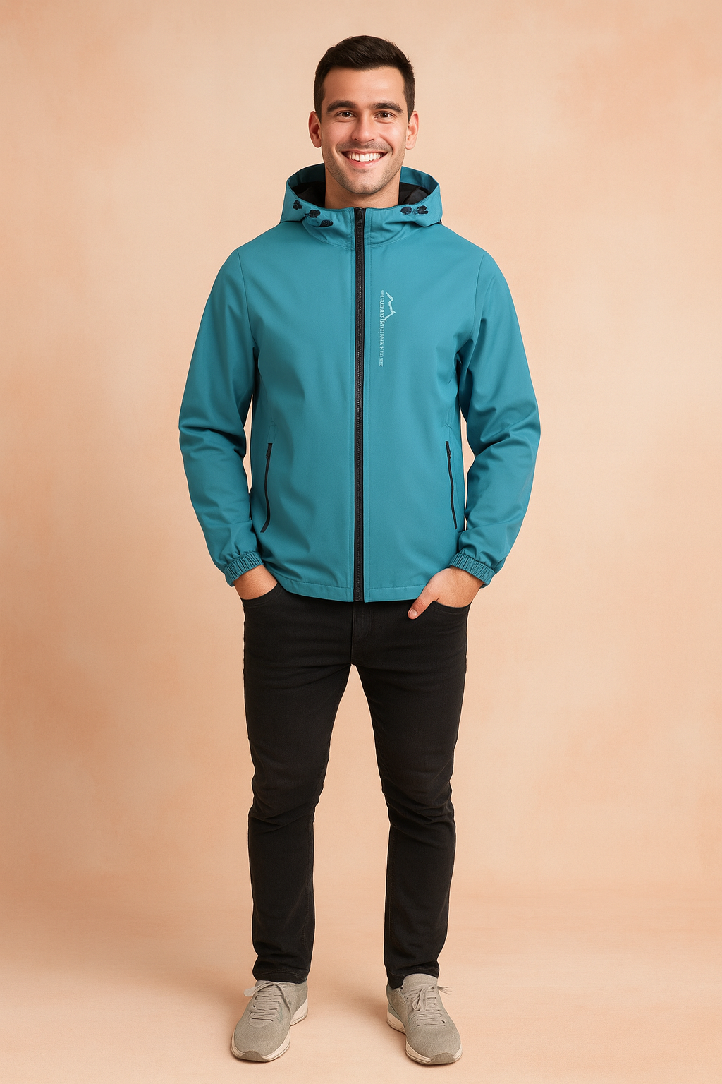 Teal softshell jacket with hood, front zipper, and side pockets, styled with black jeans and light grey sneakers.