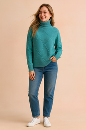 Teal green turtleneck sweater with ribbed diamond knit pattern, long sleeves, and a relaxed fit for a stylish and cozy look.