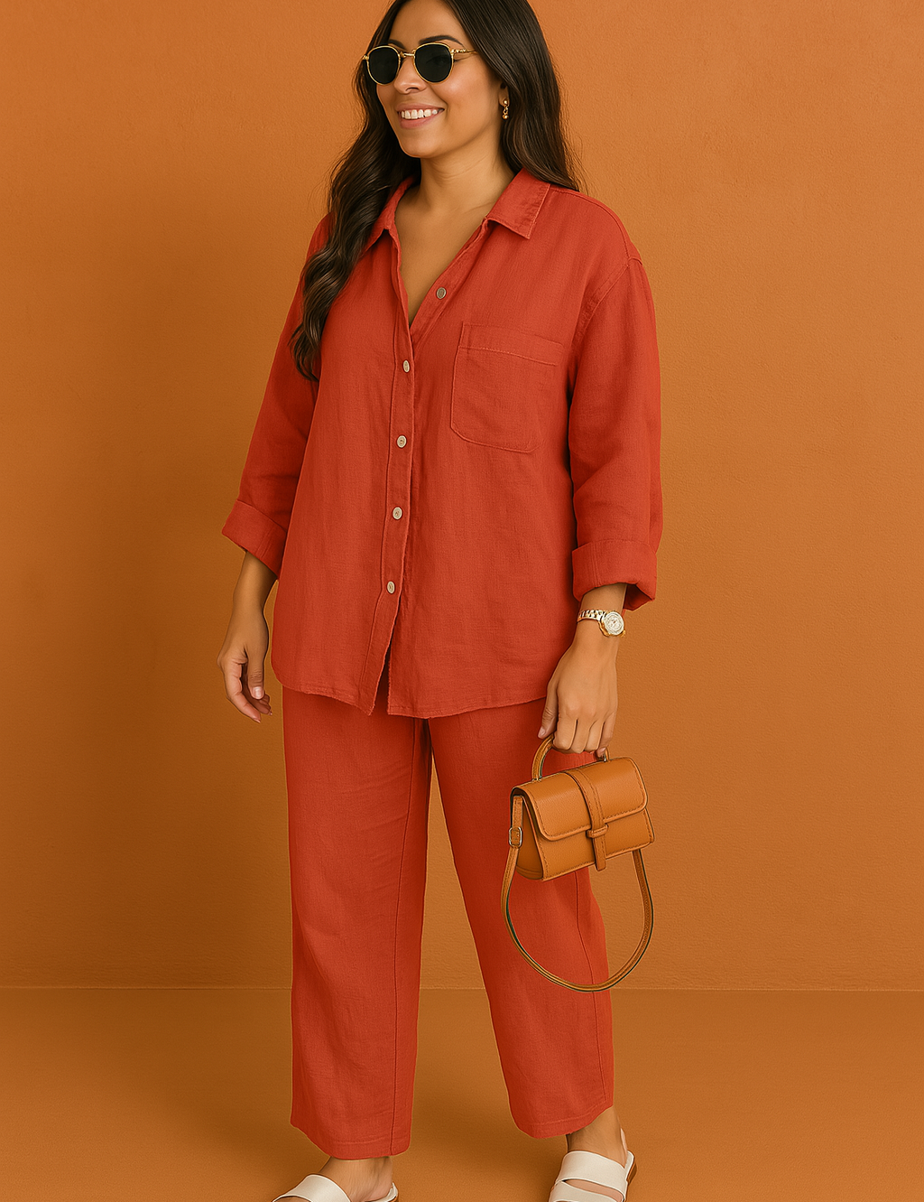 Terracotta red button-up linen shirt paired with matching straight-leg pants, styled with white slide sandals and a structured tan mini handbag, posed in a warm-toned studio.