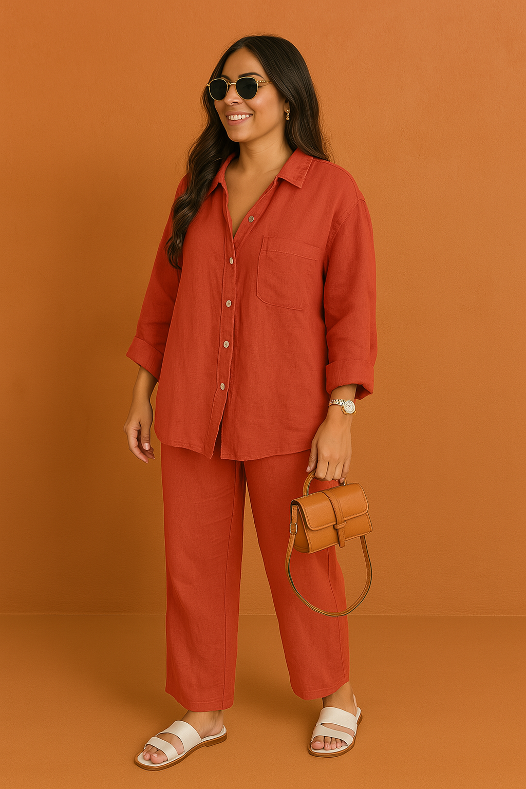 Terracotta red button-up linen shirt paired with matching straight-leg pants, styled with white slide sandals and a structured tan mini handbag, posed in a warm-toned studio.