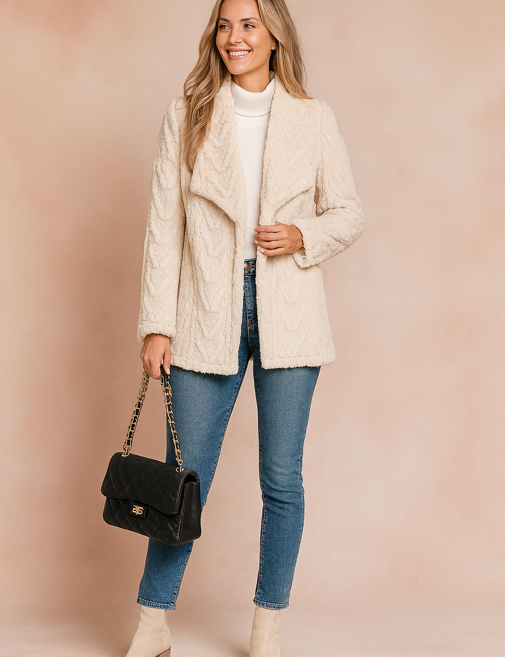 Cream-textured faux fur knit jacket with chevron pattern, worn over a white ribbed turtleneck top and paired with slim-fit mid-wash jeans and beige block-heel ankle boots.