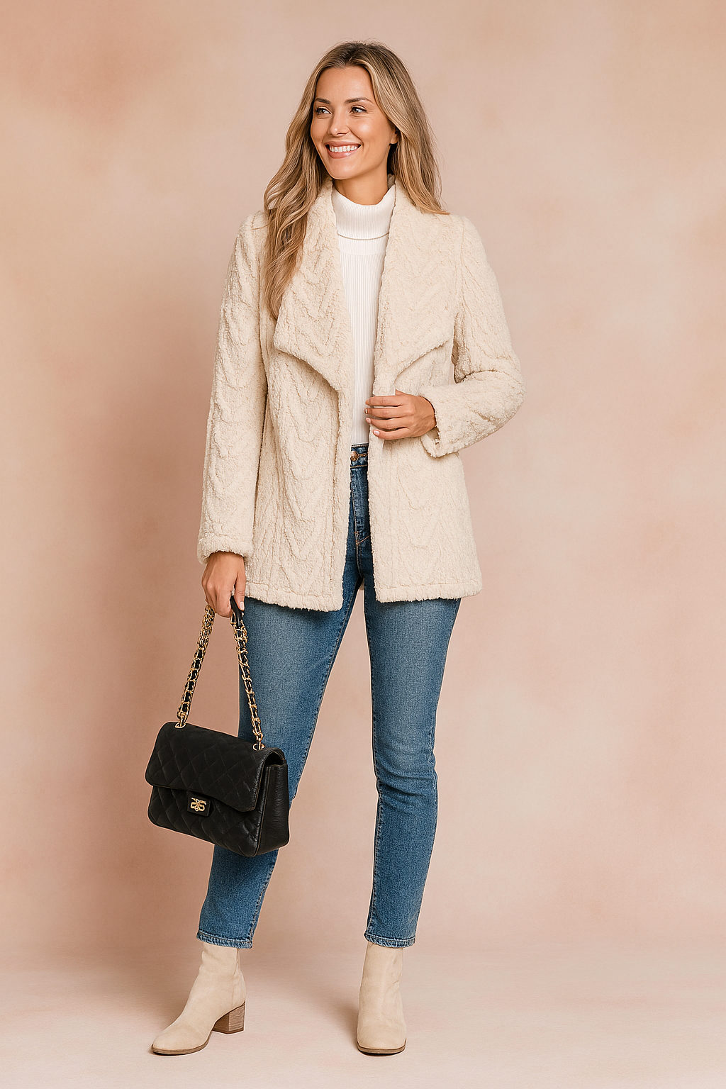 Cream-textured faux fur knit jacket with chevron pattern, worn over a white ribbed turtleneck top and paired with slim-fit mid-wash jeans and beige block-heel ankle boots.