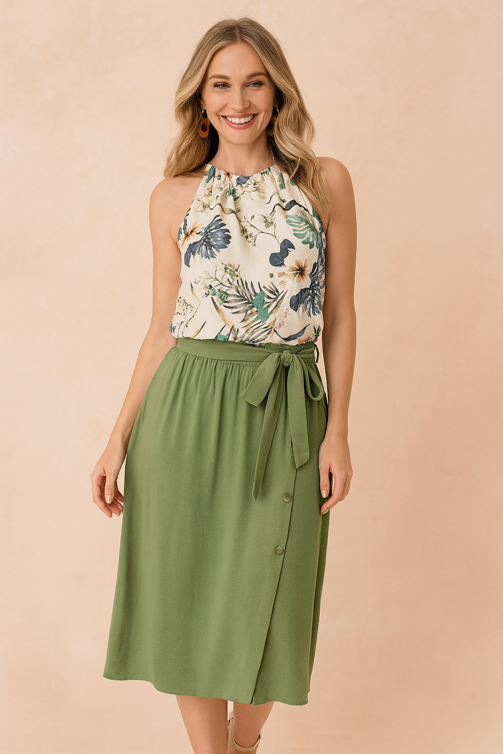 Tropical halter blouse with navy monstera and orange hibiscus print, paired with a high-waisted olive green midi skirt featuring a front bow and side button details.