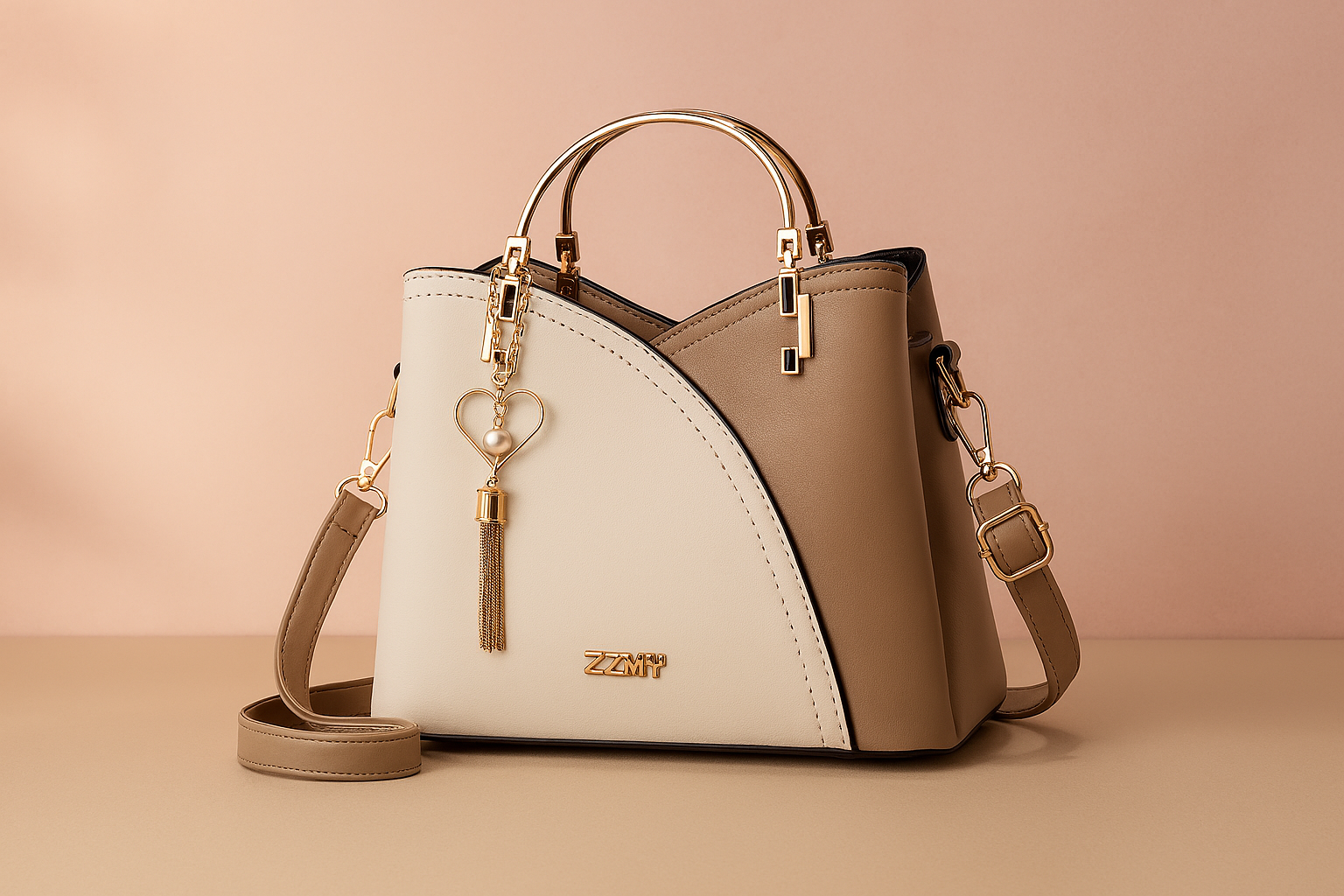 Two-tone structured handbag in ivory and camel with gold hardware, heart-shaped tassel charm, and matching crossbody strap on a warm sand and pastel blush background.