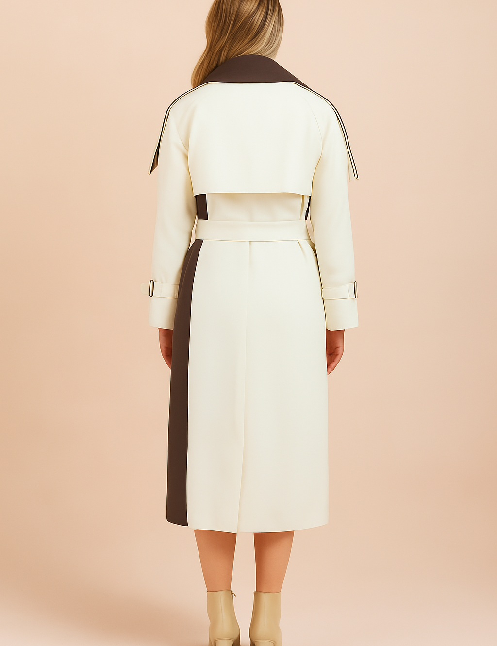 Elegant two-tone trench coat with belted waist, structured lapels, and detailed back design, tailored for a refined modern look.