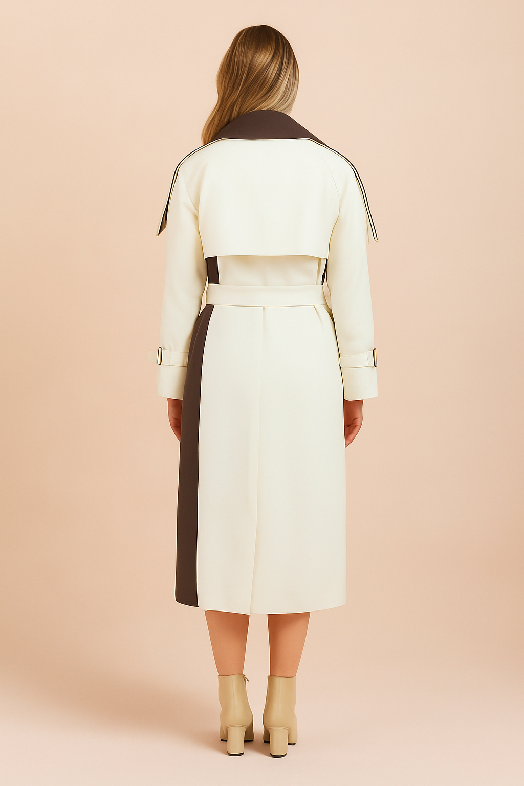 Elegant two-tone trench coat with belted waist, structured lapels, and detailed back design, tailored for a refined modern look.