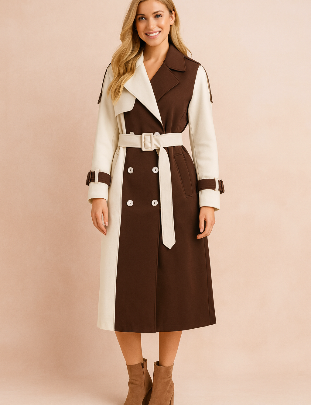 Two-tone trench coat with a belted waist, wide lapel collar, double-breasted button design, and adjustable sleeve straps, combining cream and deep brown panels for a bold, modern contrast.