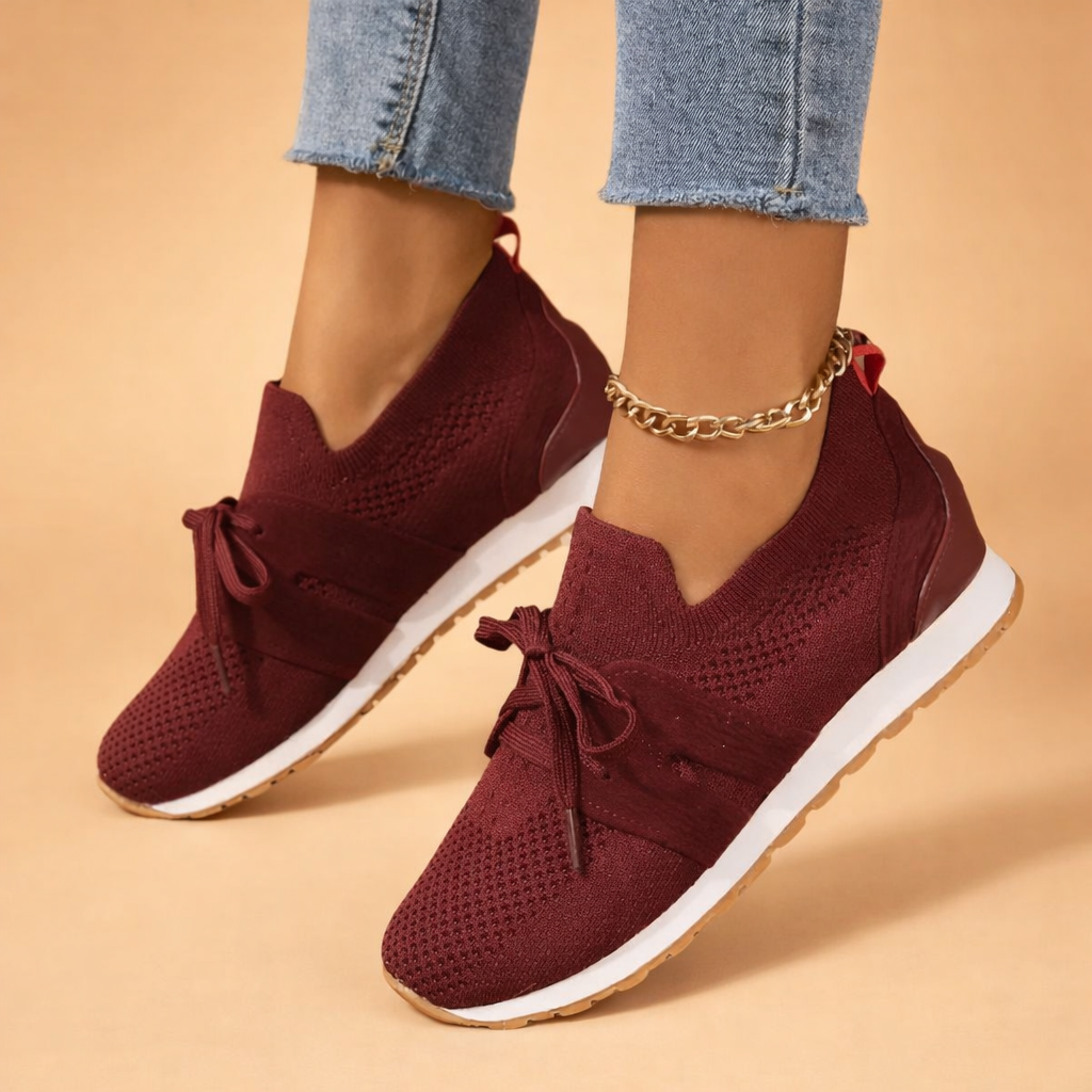 Urban comfort shoes worn by a model, designed for everyday walking with flexible sole and modern fit