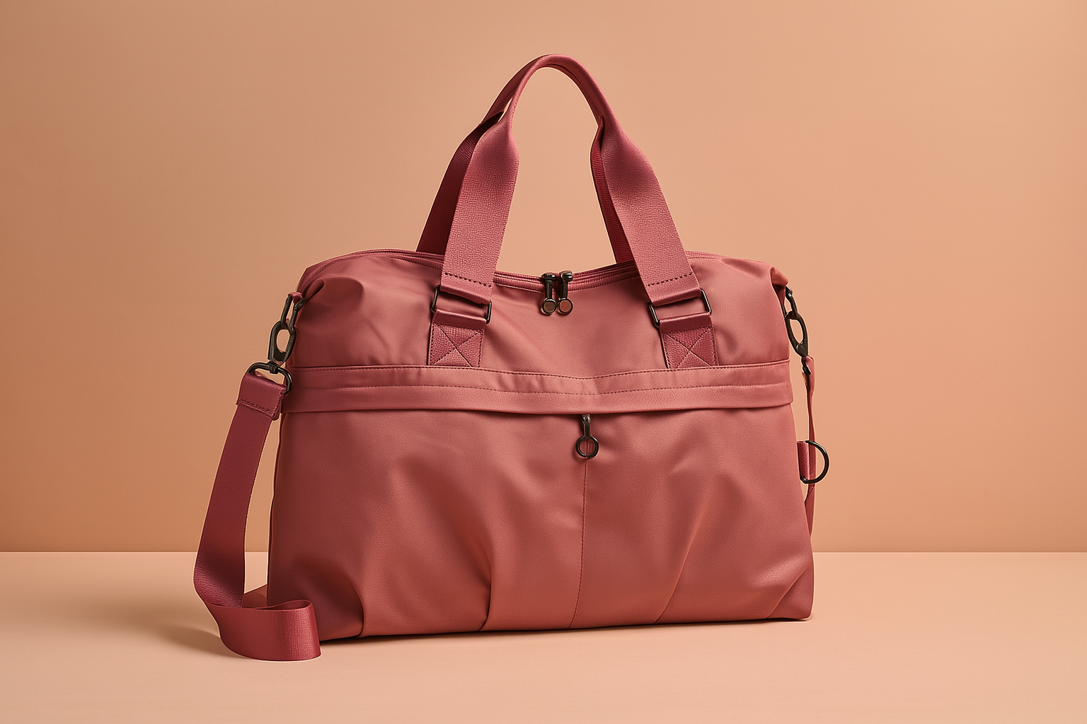 Dusty rose nylon travel tote with dual zipper closure, thick matching top handles, wide detachable strap, and reinforced buckle details.