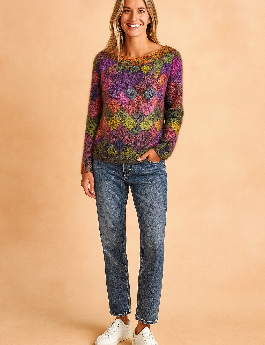Colorful diamond-pattern knit sweater with soft gradient shades of purple, pink, green, yellow, and orange, paired with relaxed-fit blue jeans and white sneakers.