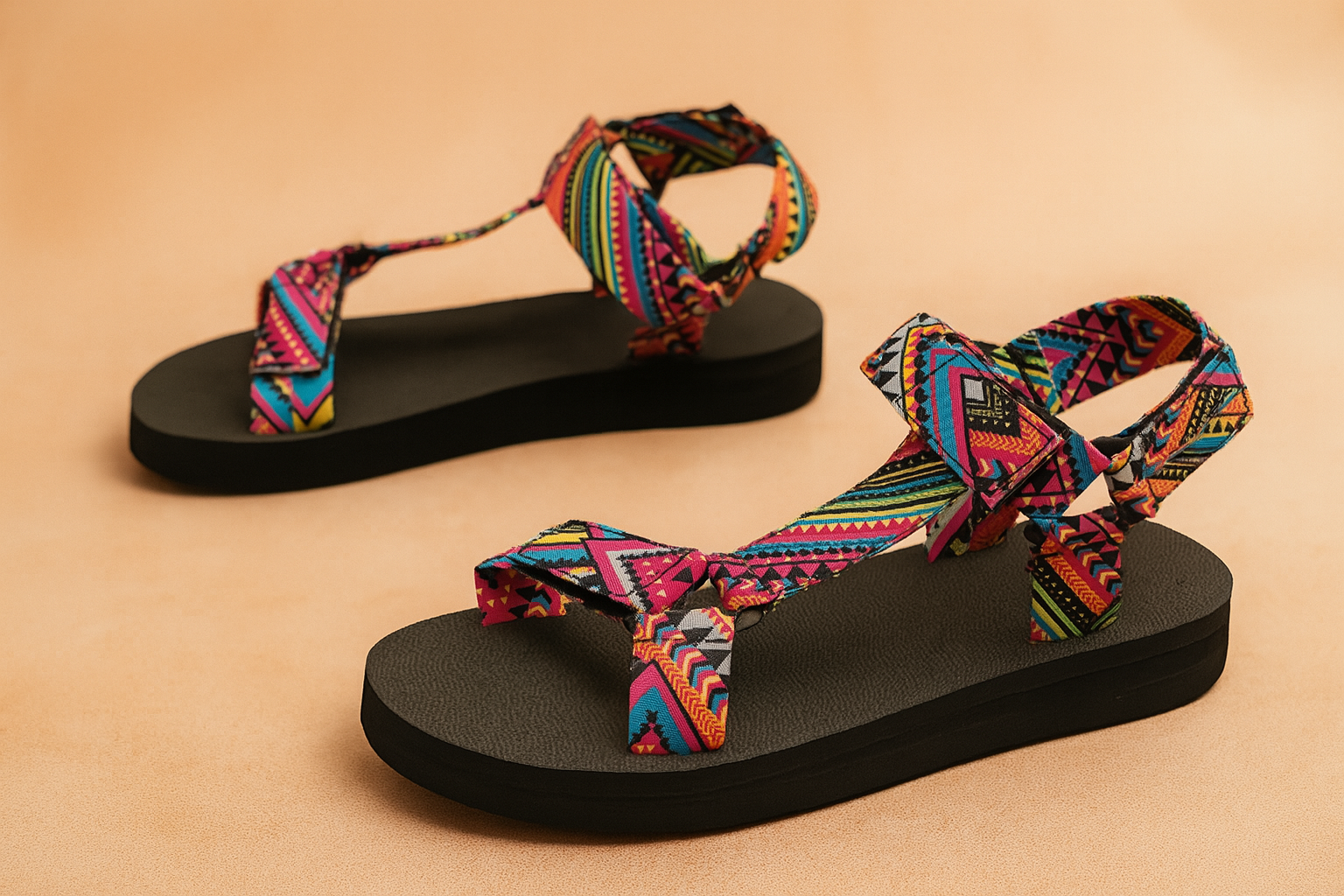 Women's colorful geometric-patterned platform sandals with adjustable tribal-style fabric straps and thick black soles, ideal for casual summer wear.