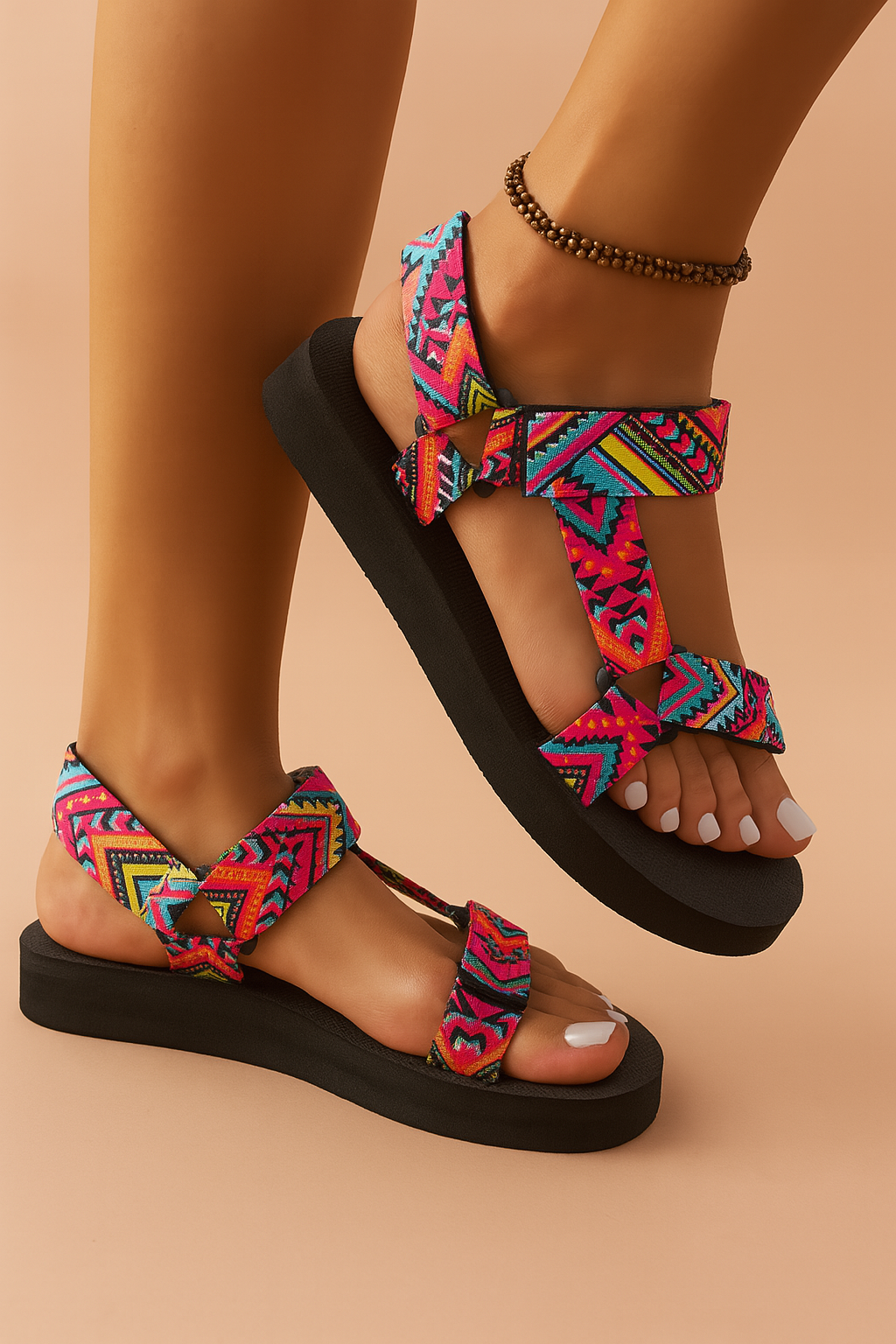  Women's colorful geometric-patterned platform sandals with adjustable tribal-style fabric straps and thick black soles, ideal for casual summer wear.
