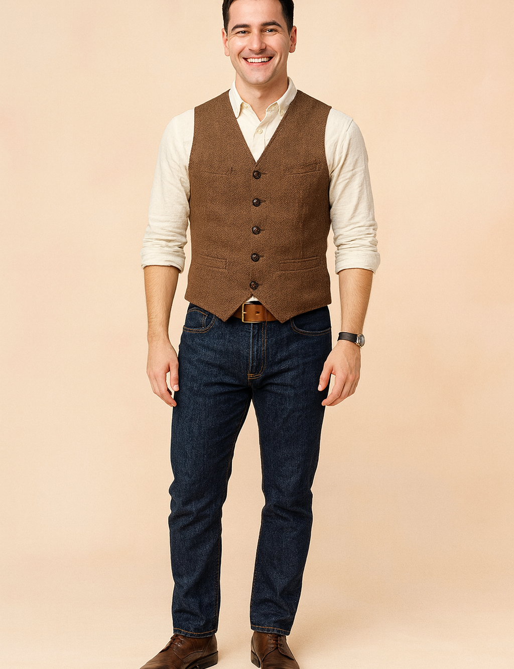 Brown vintage button-up vest with a textured herringbone fabric, paired with a cream shirt and dark blue jeans, styled with a brown belt and leather shoes for a classic casual look.