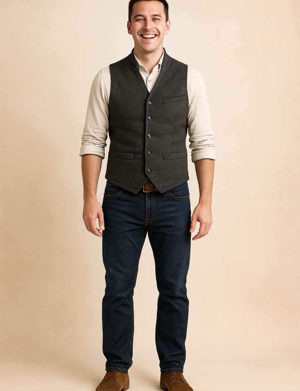 Dark Gray vintage button-up vest with a textured herringbone fabric, paired with a cream shirt and dark blue jeans, styled with a brown belt and leather shoes for a classic casual look.