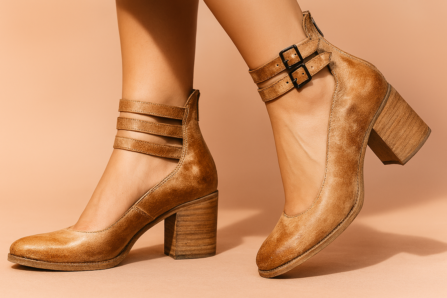 Distressed tan leather ankle-strap heels with almond toes, dual buckle closure, and stacked wood-style block heels.