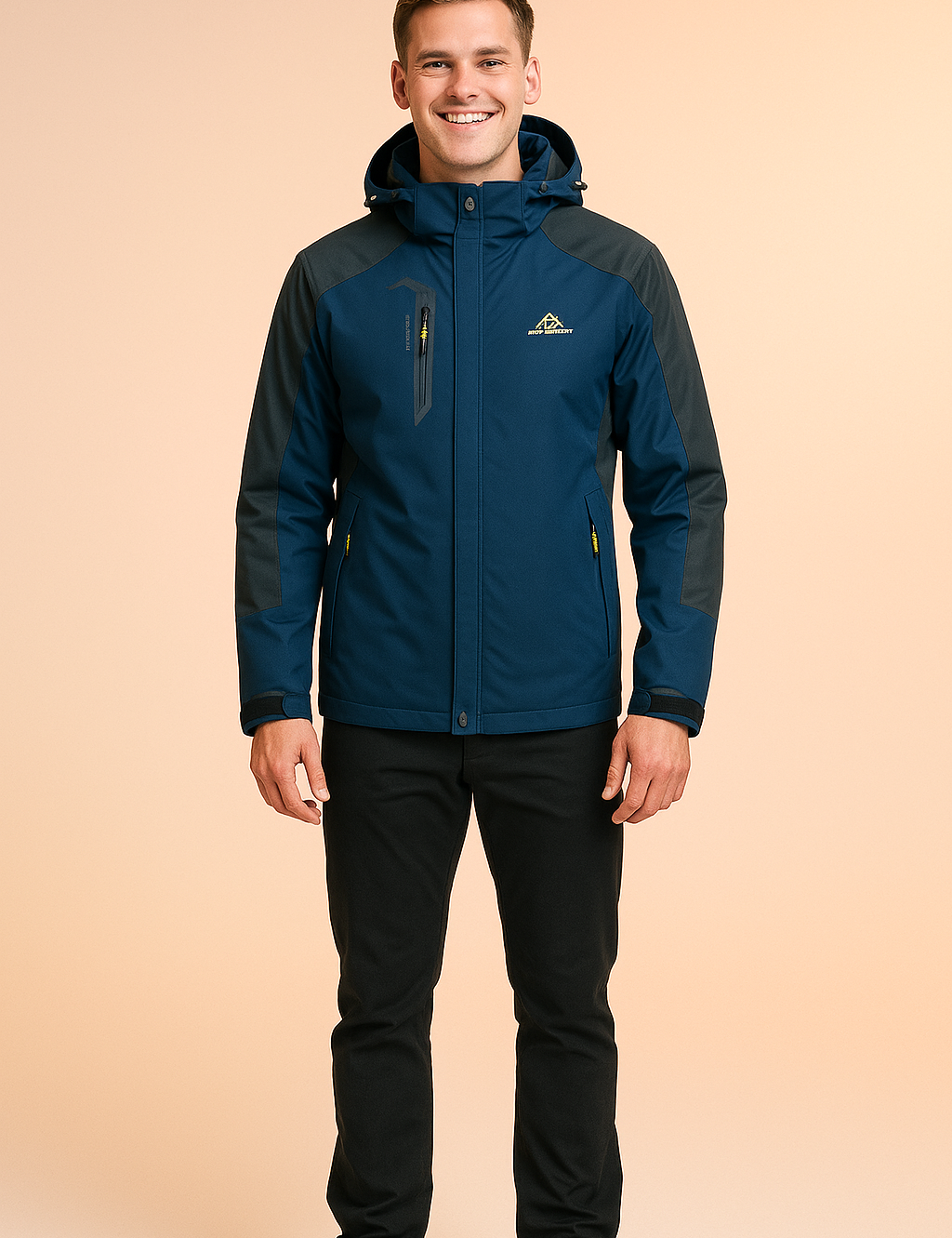 Waterproof outdoor jacket in navy blue with black shoulder and sleeve panels, featuring a yellow mountain logo, full front zip closure, adjustable hood, and multiple zippered pockets, paired with black outdoor pants and rugged hiking boots.