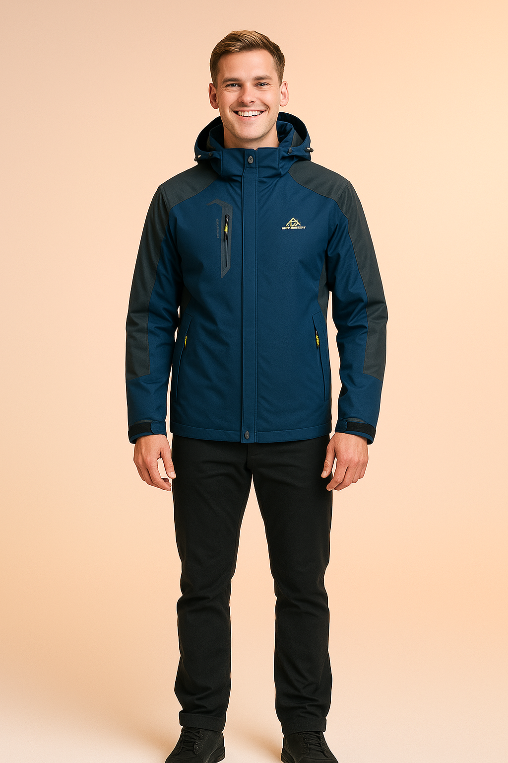 Waterproof outdoor jacket in navy blue with black shoulder and sleeve panels, featuring a yellow mountain logo, full front zip closure, adjustable hood, and multiple zippered pockets, paired with black outdoor pants and rugged hiking boots.