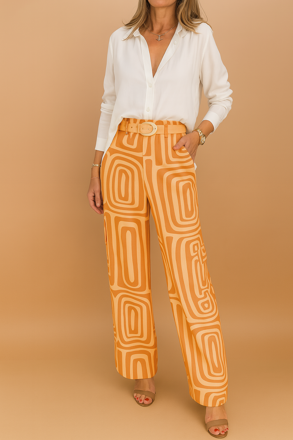 White button-up blouse paired with high-waisted wide-leg orange pants featuring a bold geometric print and matching fabric belt, styled with open-toe heels.