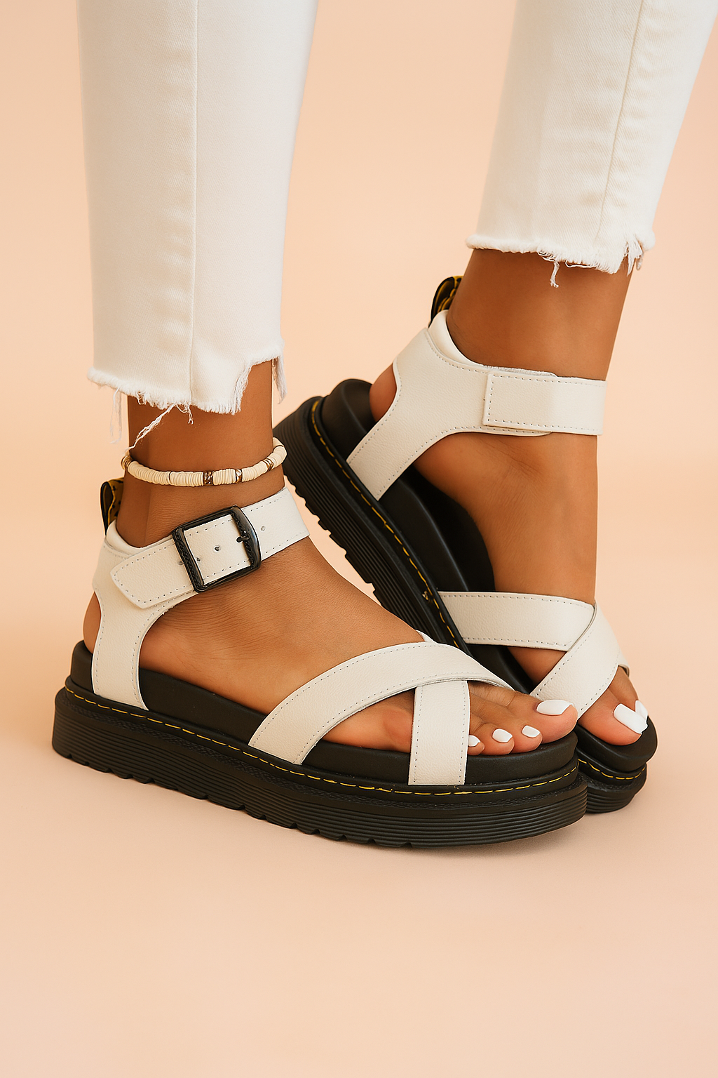 White strappy leather platform sandals with black ridged soles, yellow stitching, crisscross front straps, and ankle buckle detail.