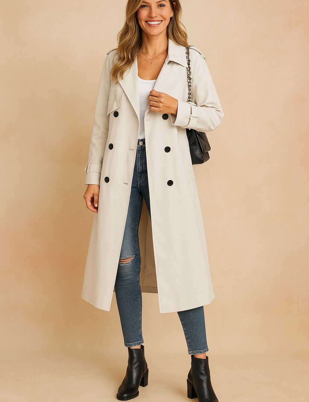 Long beige trench coat with double-breasted black buttons, layered over a white fitted top and paired with distressed blue skinny jeans and black leather ankle boots.