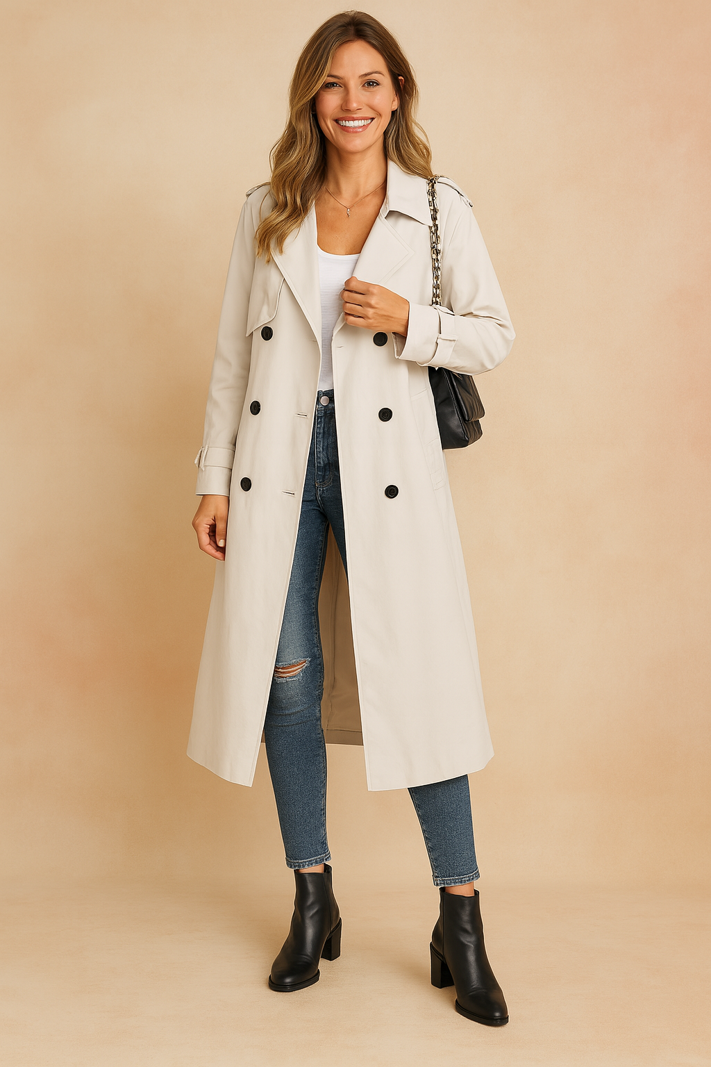 Long beige trench coat with double-breasted black buttons, layered over a white fitted top and paired with distressed blue skinny jeans and black leather ankle boots.