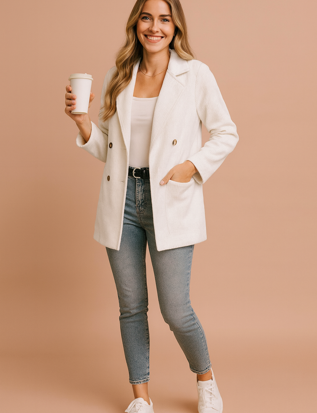 White corduroy double-breasted blazer with brown buttons, tailored lapel collar, long sleeves, and a relaxed fit design, paired with denim jeans for a chic casual look.