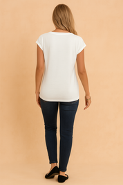 Short-sleeve white crew-neck T-shirt with cuffed sleeves and a slightly curved hem, paired with dark blue fitted jeans.