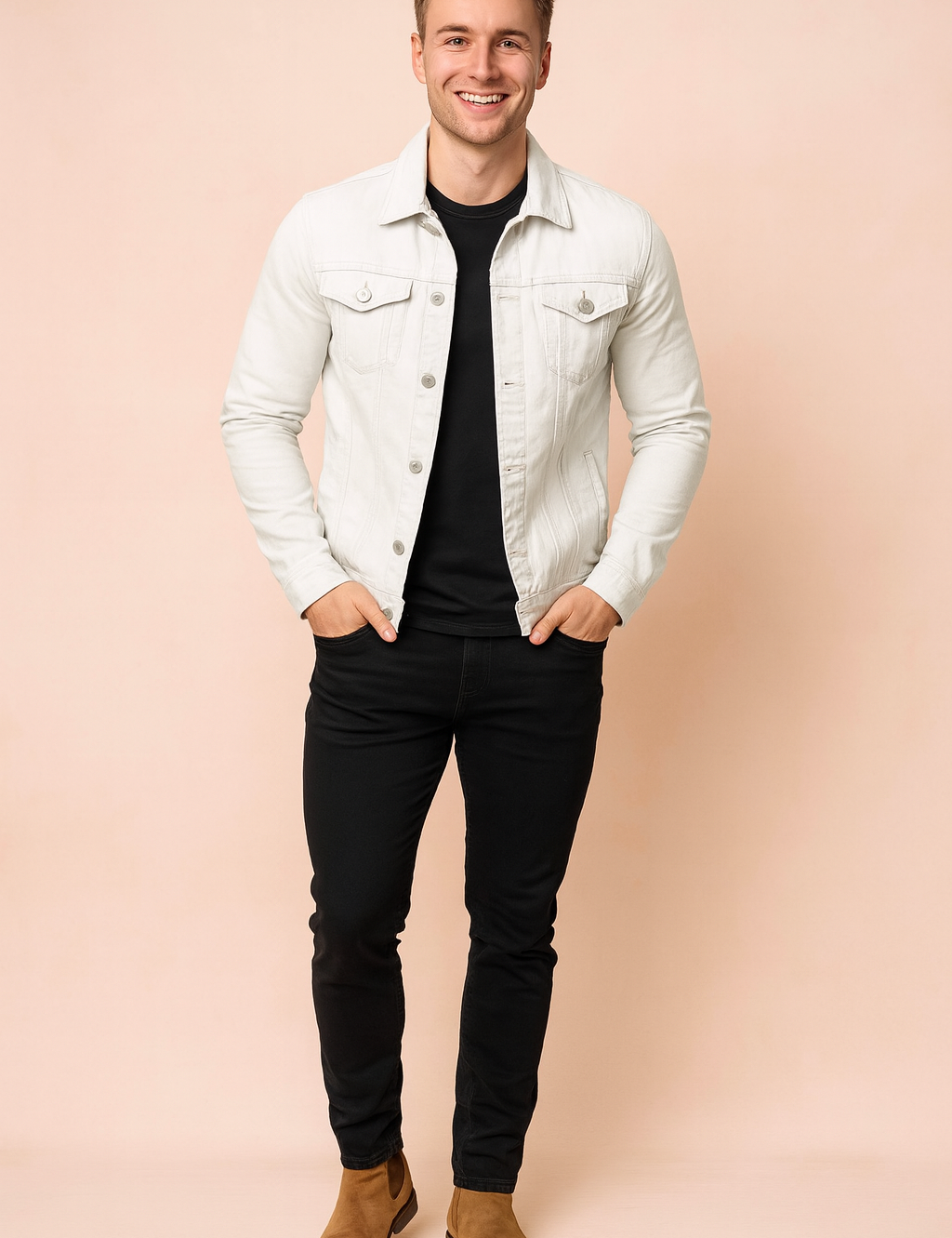 White denim jacket with button closure, twin flap chest pockets, and tailored seams, styled over a black t-shirt with slim black pants and tan suede Chelsea boots for a sharp casual look.