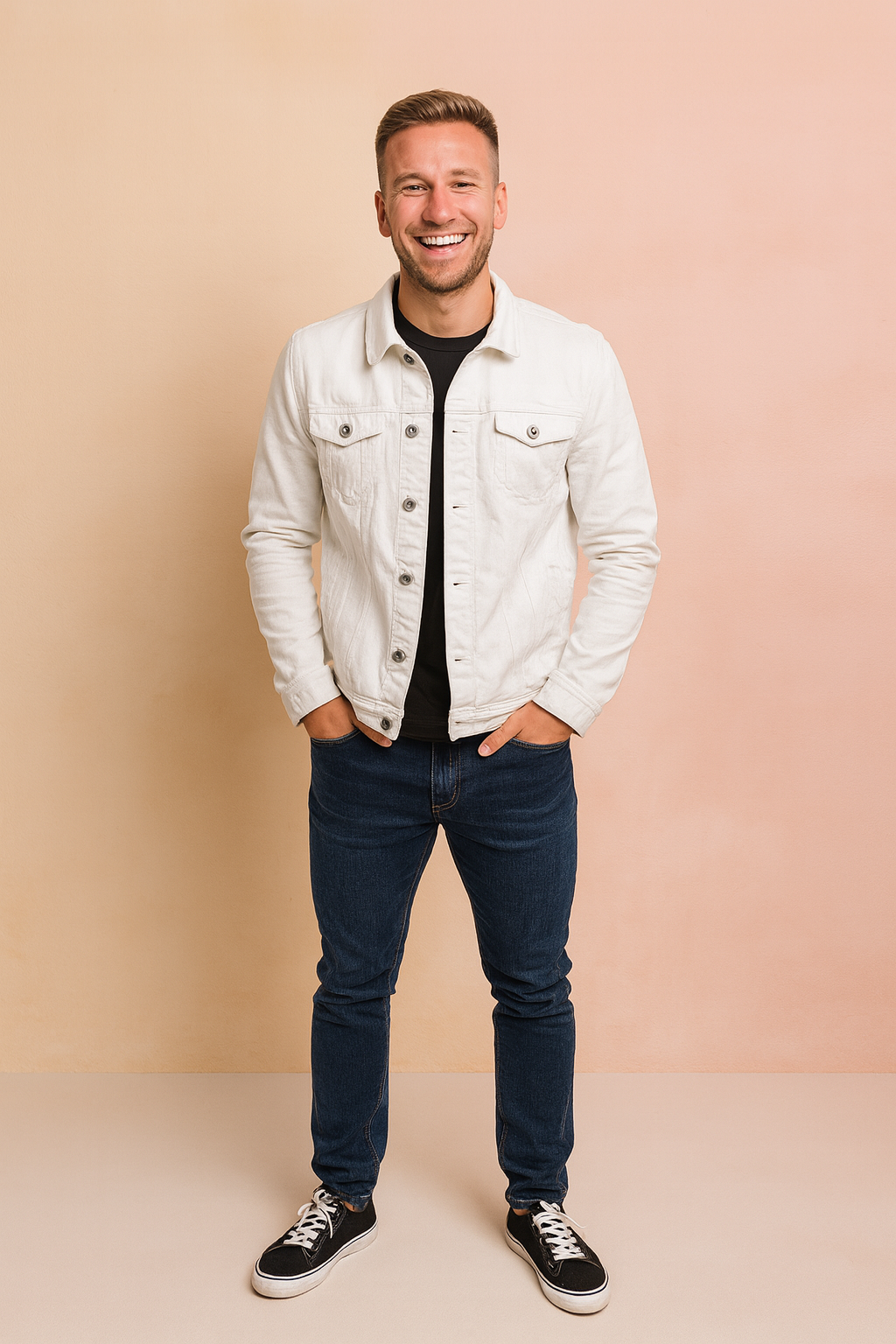 White denim button-up jacket with front flap pockets styled over a black shirt, paired with dark blue slim-fit jeans and black sneakers.