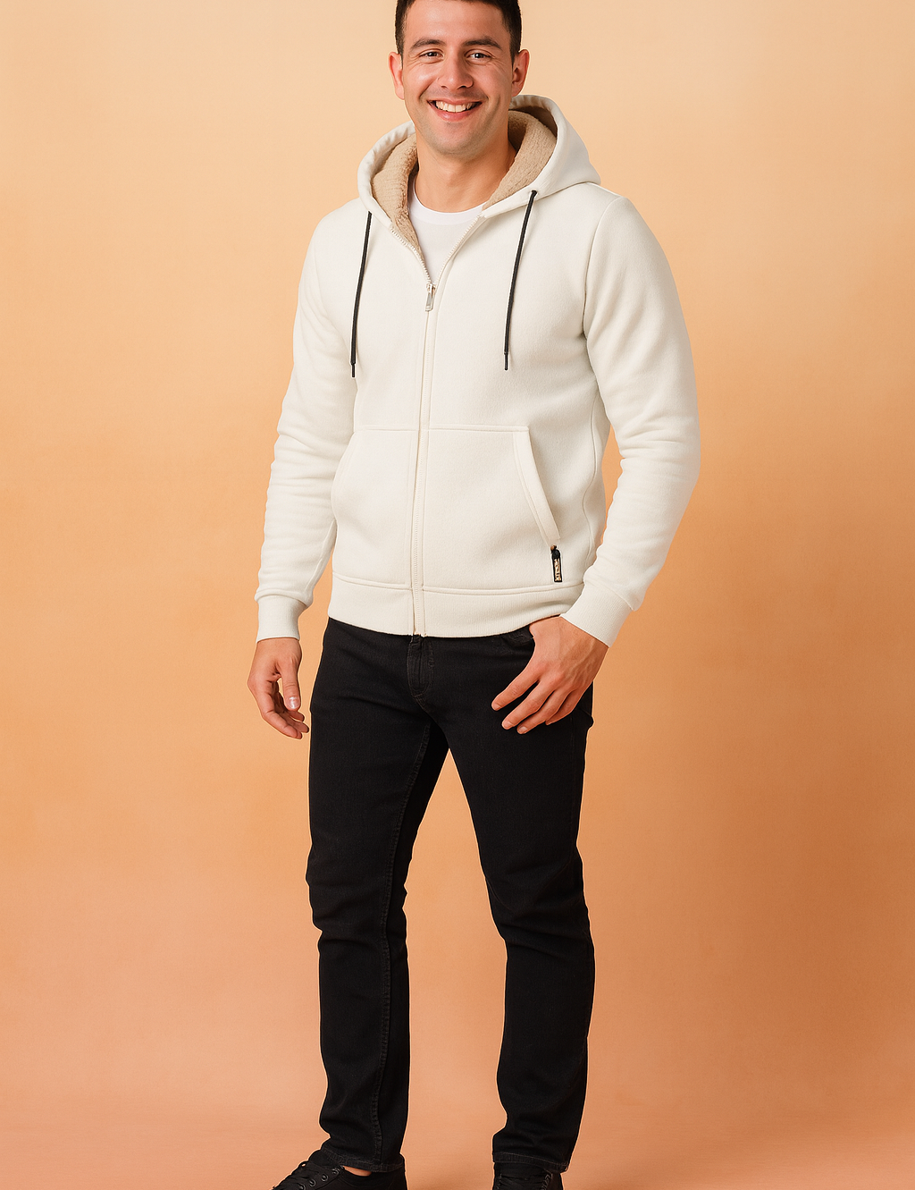 White hooded men's jacket with beige fleece lining, full front zipper, drawstring details, and front pockets.