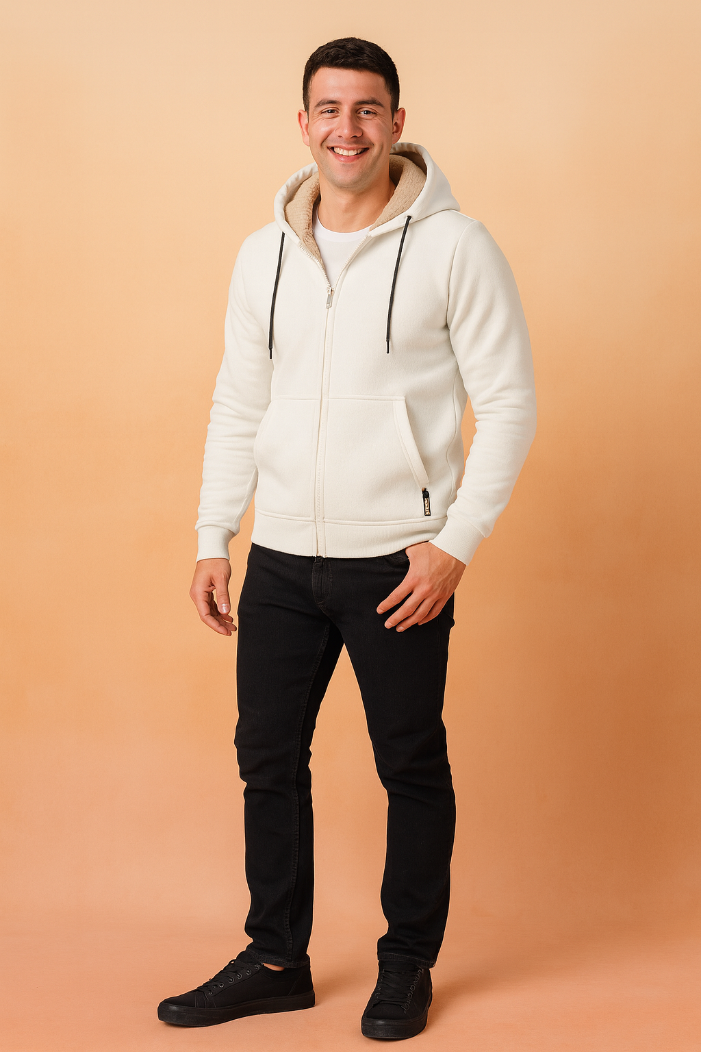 White hooded men's jacket with beige fleece lining, full front zipper, drawstring details, and front pockets.