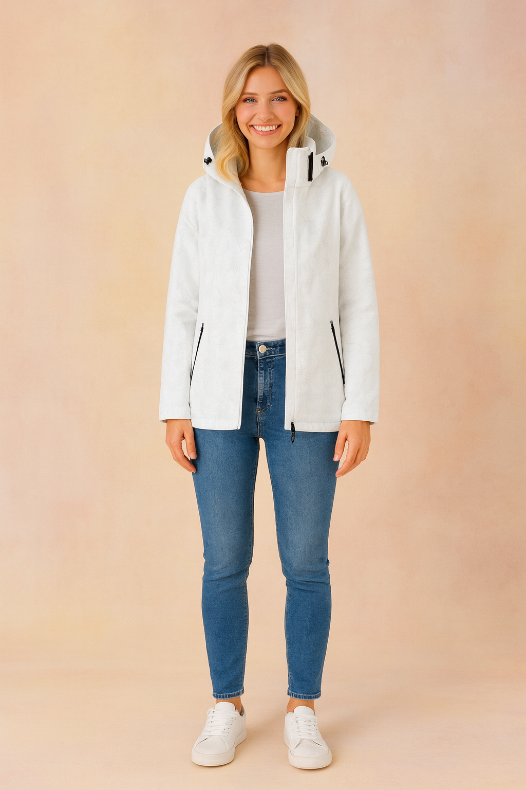 White hooded winter jacket with subtle floral embossed pattern, zip closure, and side zipper pockets