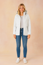 White hooded winter jacket with subtle floral embossed pattern, zip closure, and side zipper pockets