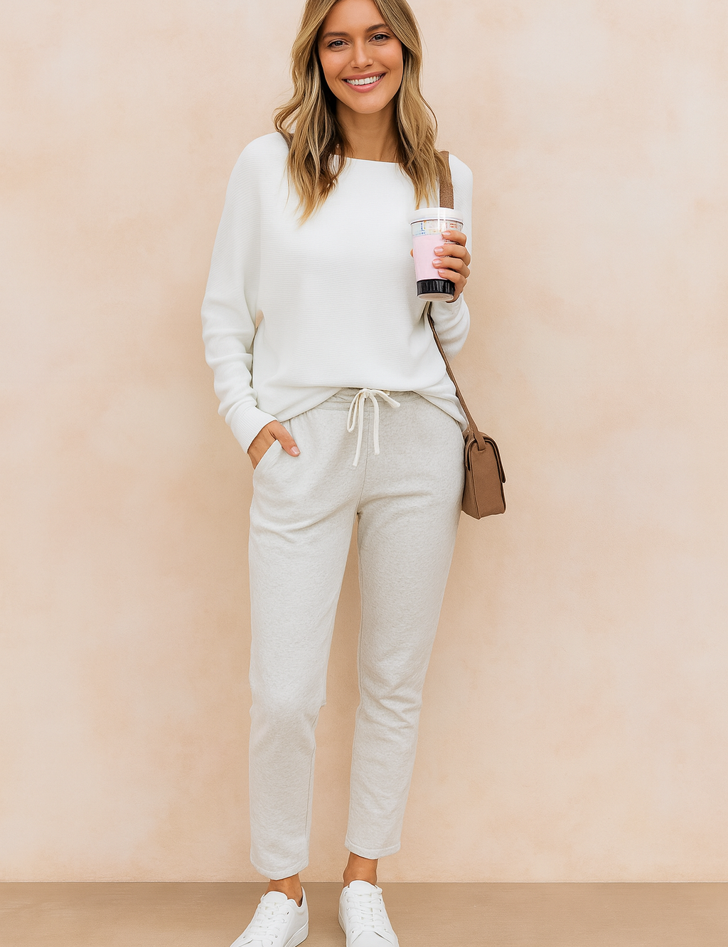 White long-sleeve knit top with a relaxed fit, paired with light grey drawstring sweatpants and classic white sneakers, accessorized with a small brown crossbody bag.