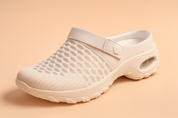 White breathable mesh clogs with adjustable heel strap, textured knit upper, and cushioned air-vent sole, designed for lightweight comfort and airflow.