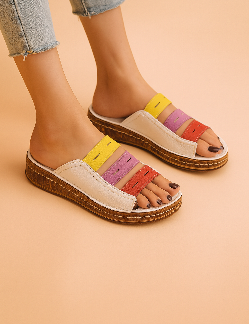 Women's open-toe slide sandals with multi-colored leather straps in yellow, lavender, and red, paired with a white leather upper and thick cork-textured platform sole.