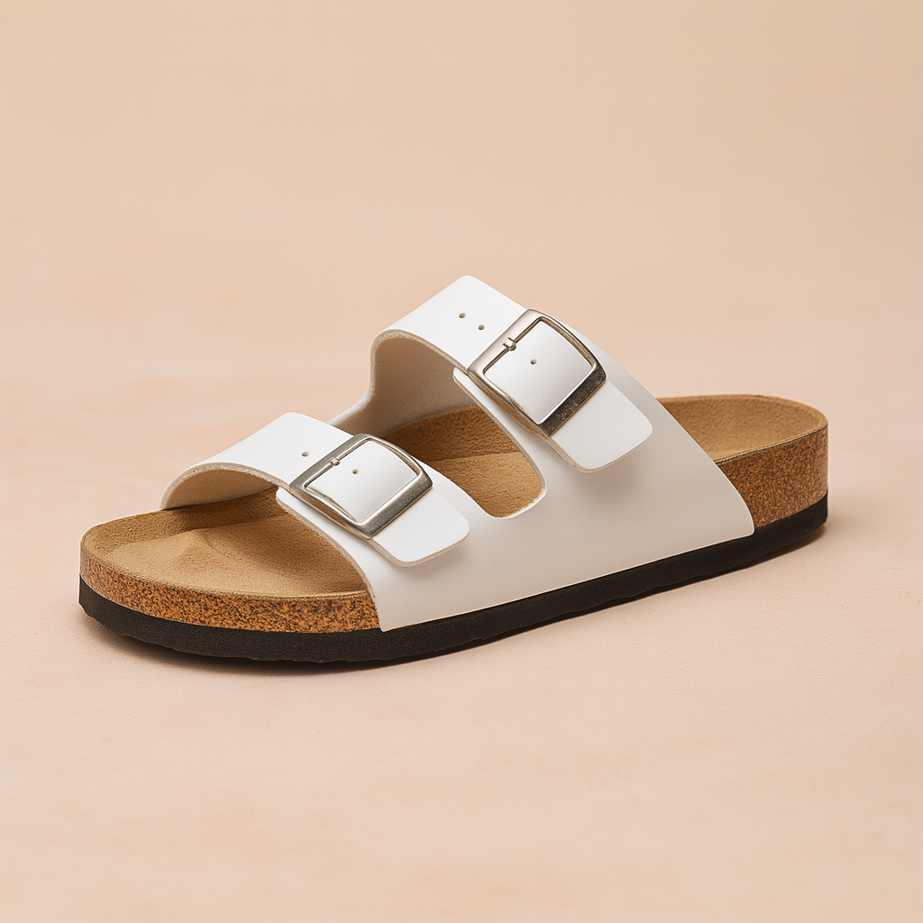  suede slip-on sandal featuring a contoured cork footbed and two wide straps with oversized brown buckles for adjustable comfort.