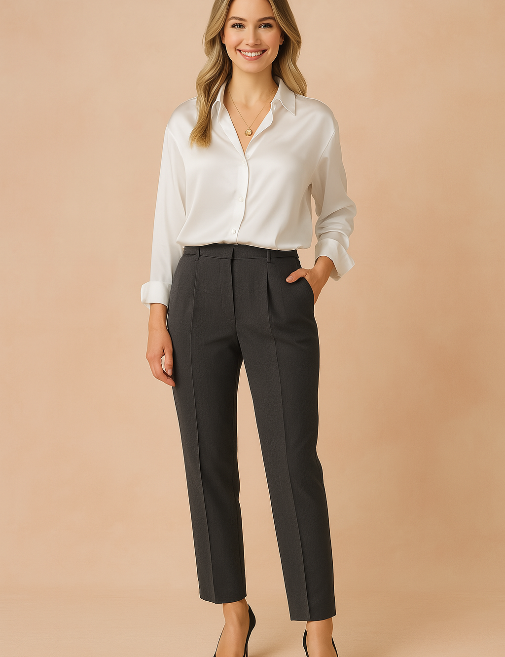 White satin long-sleeve button-down blouse with a relaxed fit and structured cuffs, tucked into tailored charcoal trousers and paired with black heels.