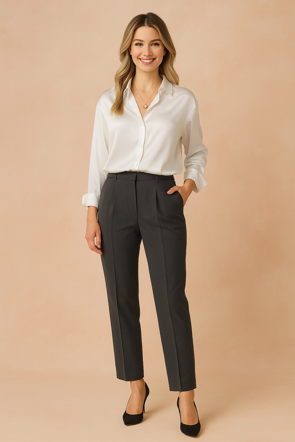 White satin long-sleeve button-down blouse with a relaxed fit and structured cuffs, tucked into tailored charcoal trousers and paired with black heels.