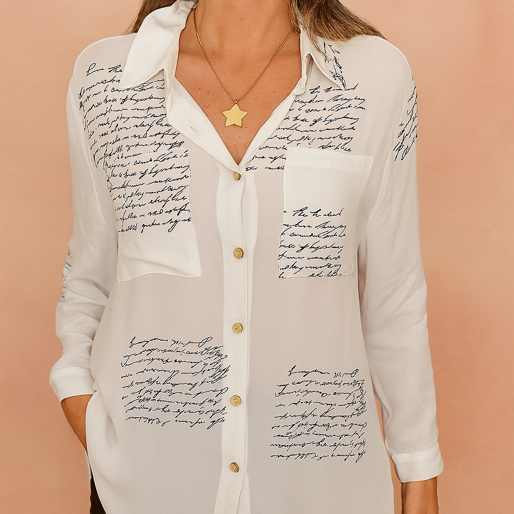 White button-down blouse featuring a handwritten script print in black across the chest, sleeves, and lower front panels; designed with a soft collar, front pocket, and gold-toned buttons for a modern, artistic look.
