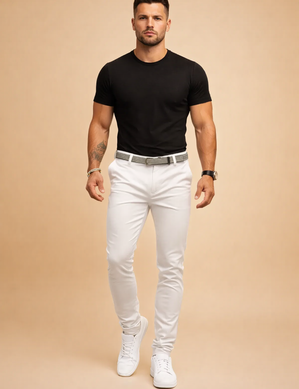 Slim-fit white pants with a tailored silhouette, clean front seams, structured waistband with a woven belt, tapered legs, and crisp white low-top sneakers for a modern smart-casual look.