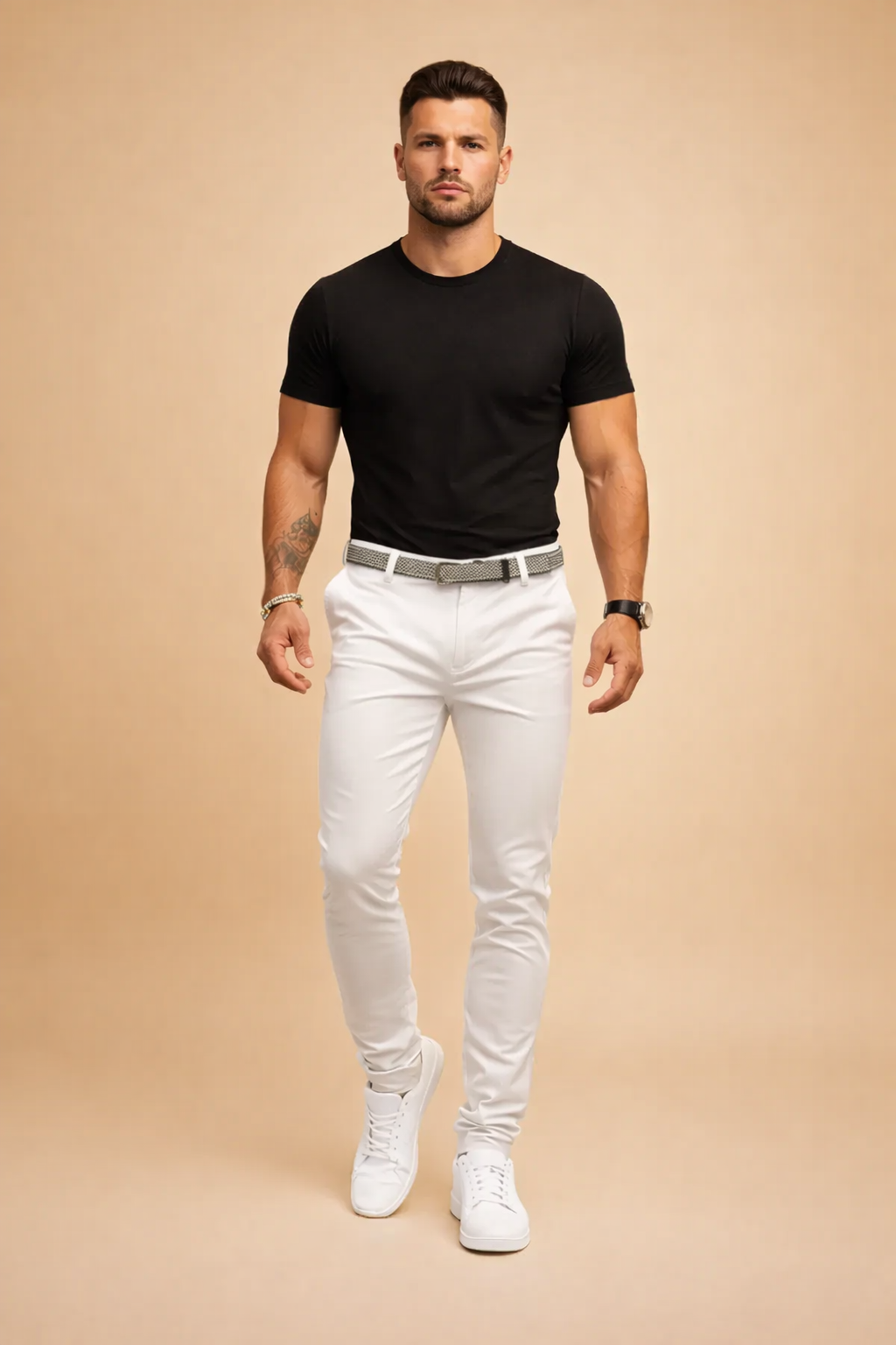 Slim-fit white pants with a tailored silhouette, clean front seams, structured waistband with a woven belt, tapered legs, and crisp white low-top sneakers for a modern smart-casual look.