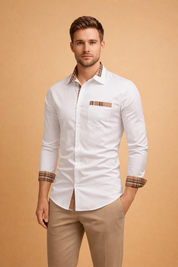 Slim-fit white long-sleeve button-up shirt with plaid contrast trim on the inner collar, cuff linings, and chest pocket detail, featuring a clean structured silhouette and tailored finish.