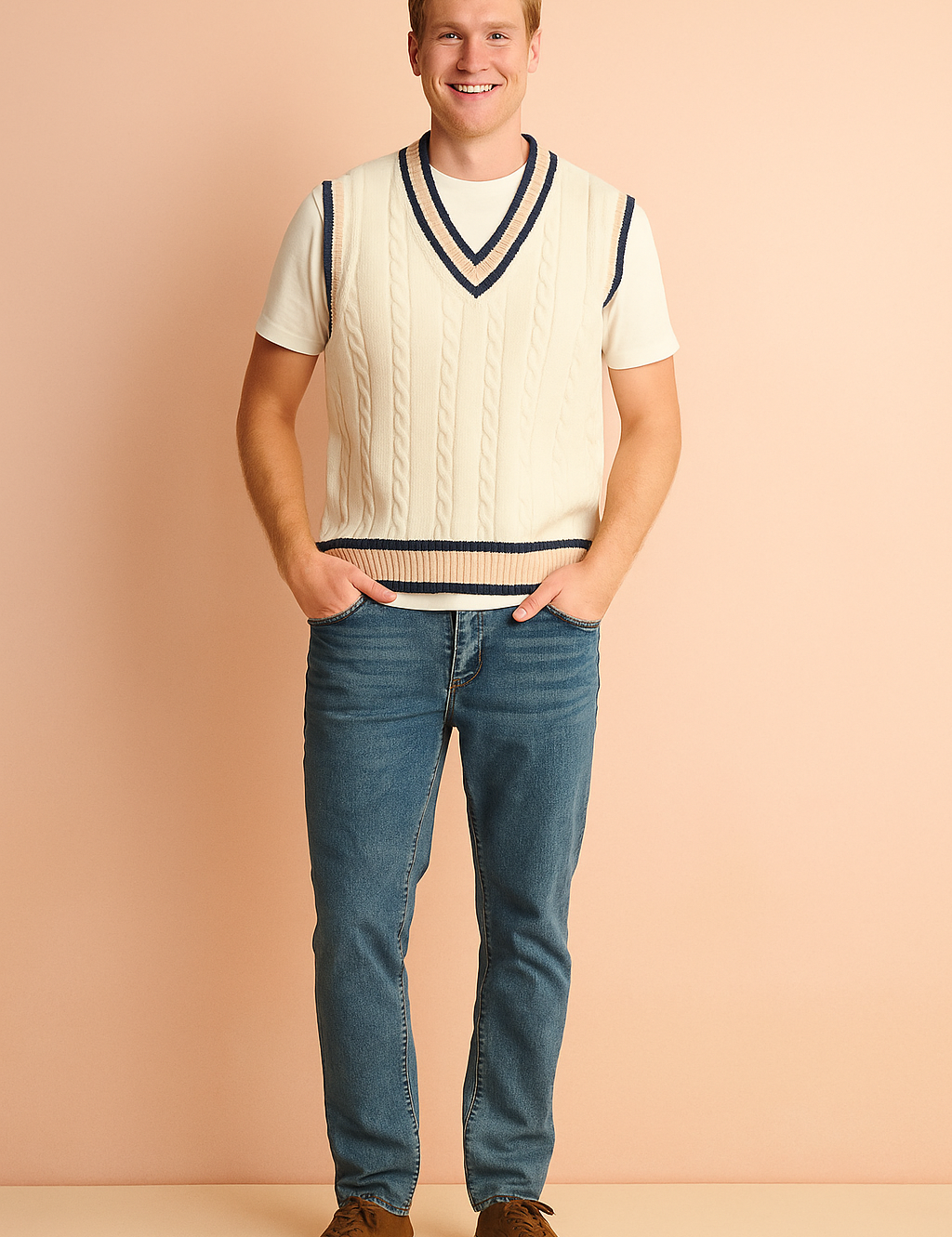 Classic white V-neck sweater with a clean knitted texture.
