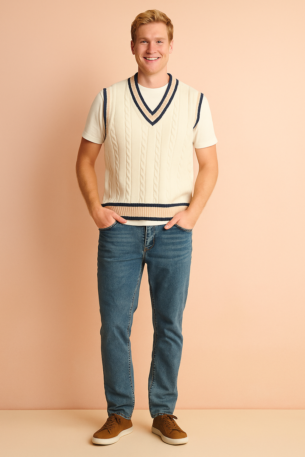 Classic white V-neck sweater with a clean knitted texture.