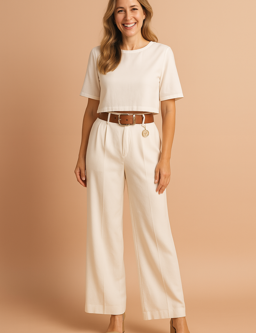 Two-piece white coord set featuring a structured crop top with short sleeves and high-waisted wide-leg trousers, styled with a wide brown belt adorned with a gold medallion and paired with nude block-heel sandals.