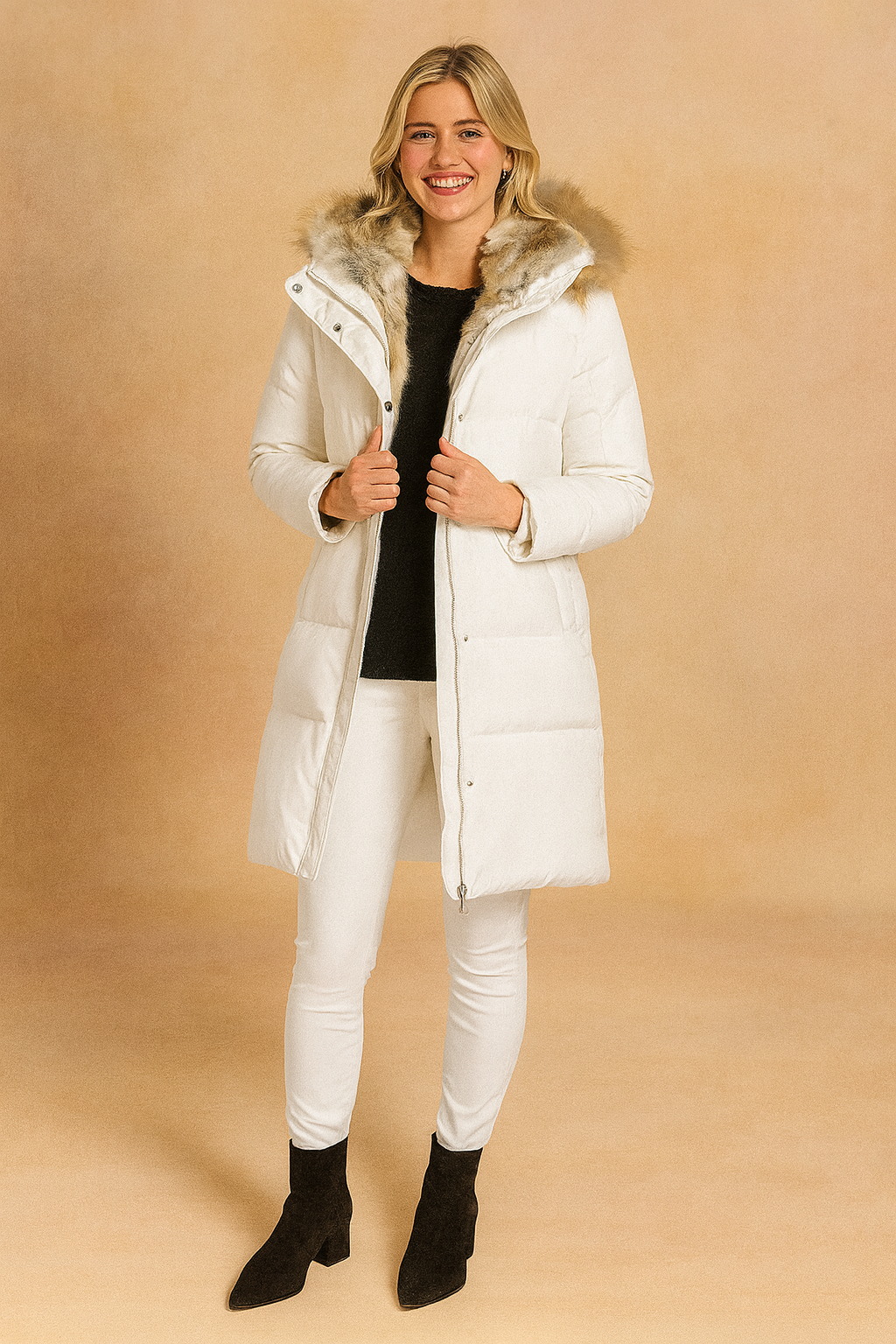White padded winter jacket with fur-trimmed hood, front button closure, and longline design for cold-weather wear.
