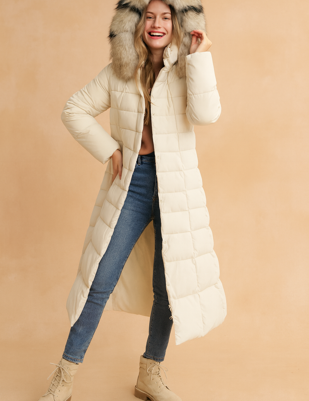 Long quilted white winter coat with fur-trimmed hood, paired with slim blue jeans and beige lace-up boots, styled for a chic cold-weather look.