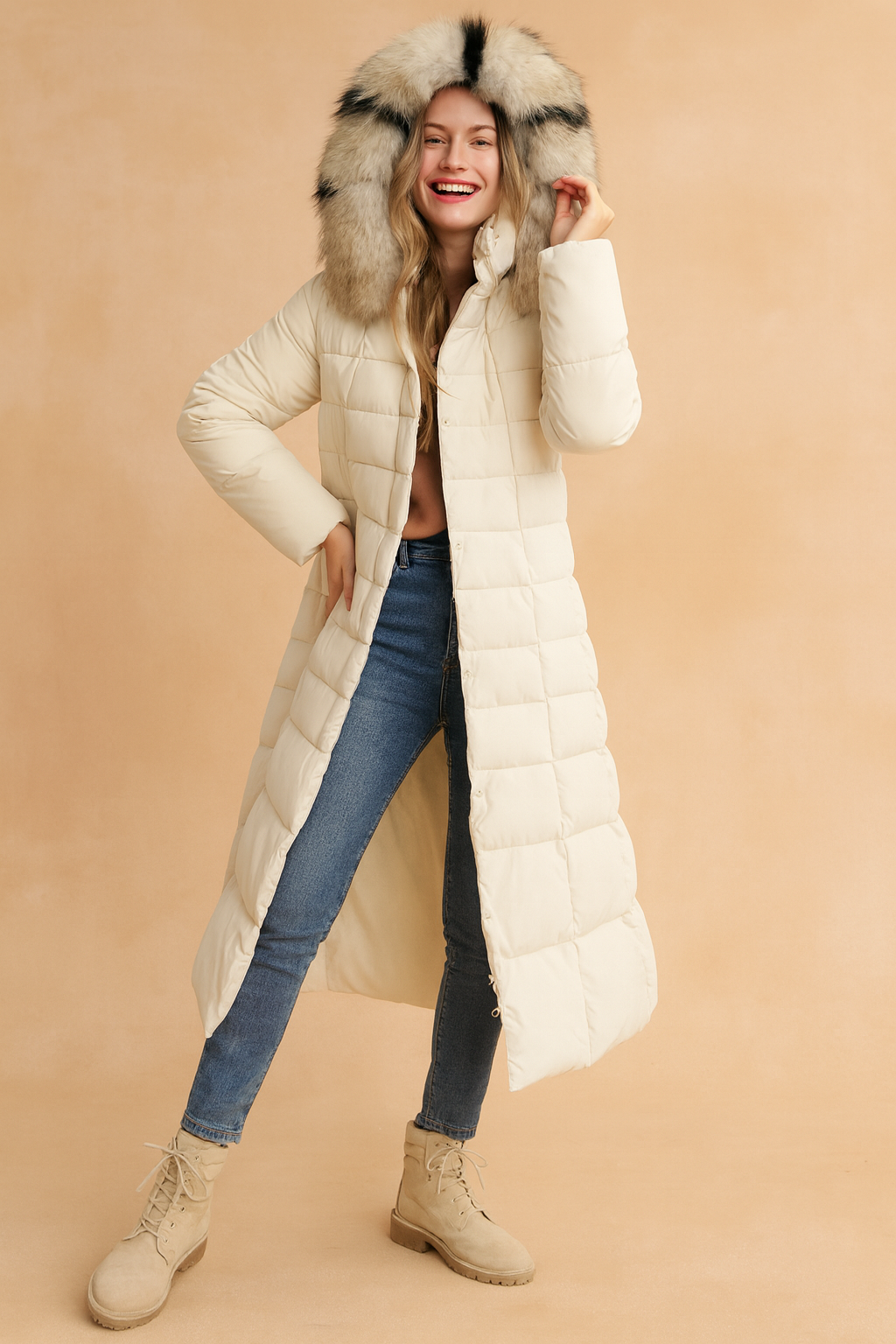 Long quilted white winter coat with fur-trimmed hood, paired with slim blue jeans and beige lace-up boots, styled for a chic cold-weather look.